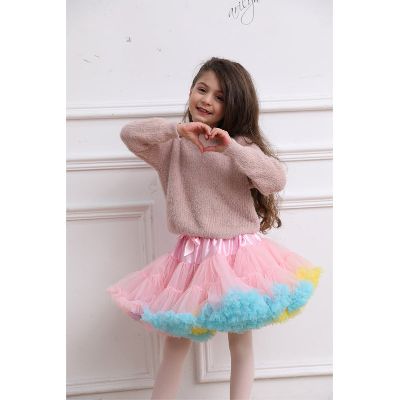 Girls tutu skirt Festival Fluffy Layered Tulle Skirt Birthday Dance Party Rainbow Ruffle Trim Elastic Waist Costume Ballet Puffy Skater Pink M
