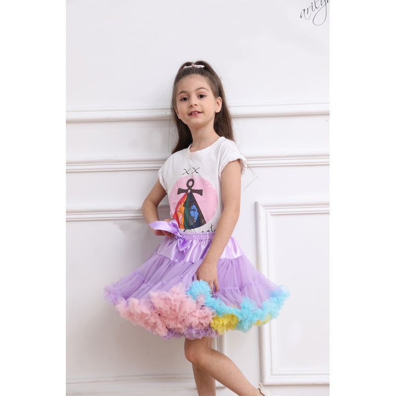 Girls tutu skirt Festival Fluffy Layered Tulle Skirt Birthday Dance Party Rainbow Ruffle Trim Elastic Waist Costume Ballet Puffy Skater Purple M