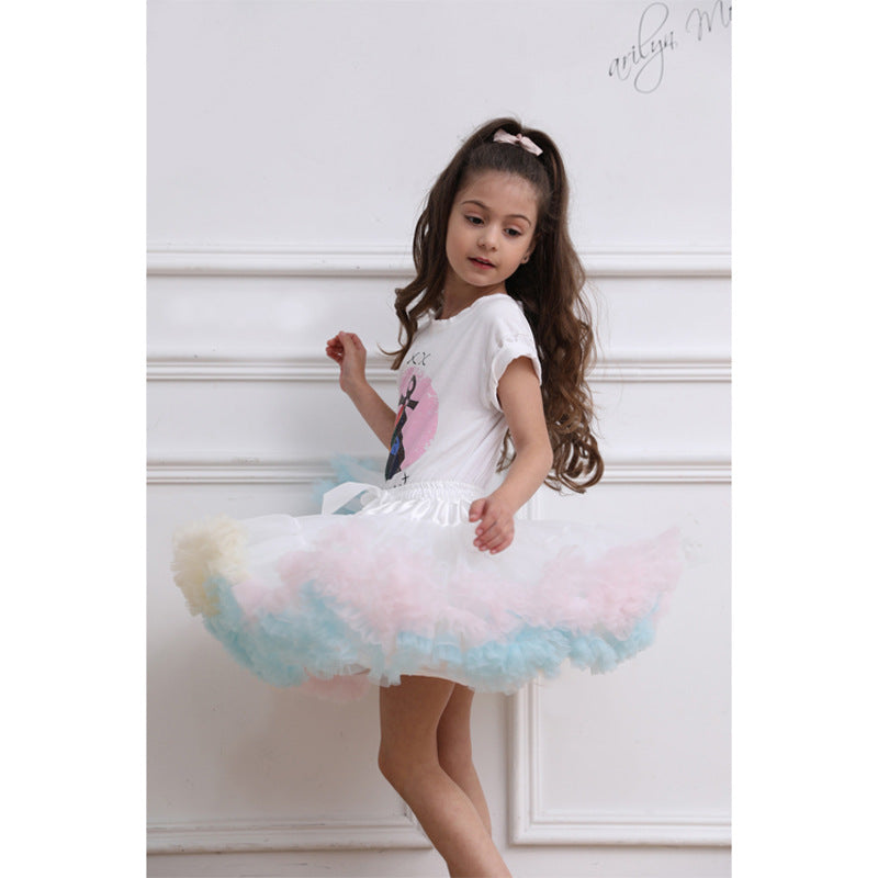 Girls tutu skirt Festival Fluffy Layered Tulle Skirt Birthday Dance Party Rainbow Ruffle Trim Elastic Waist Costume Ballet Puffy Skater White M