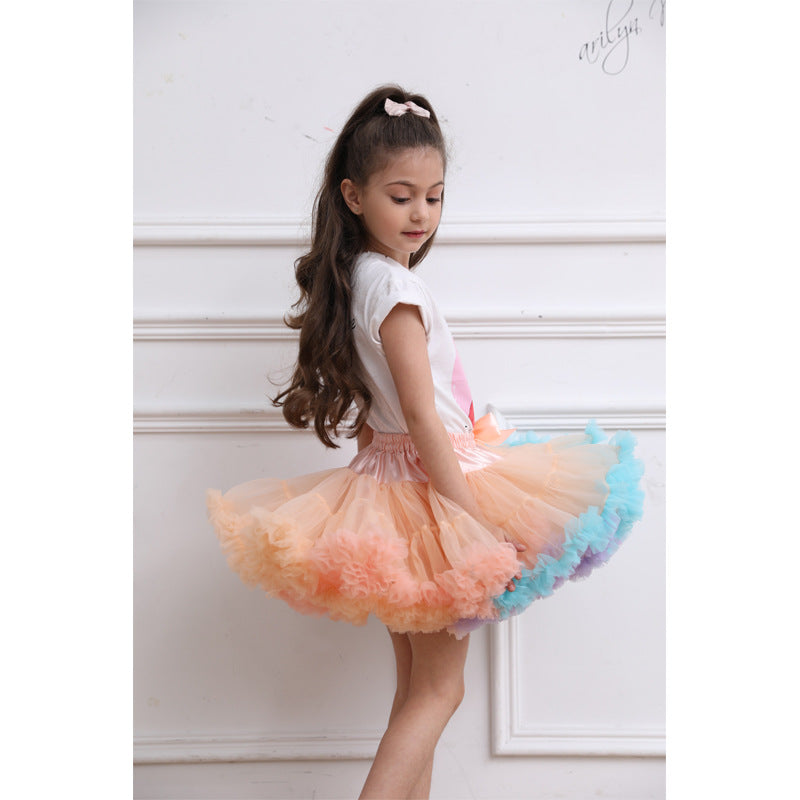 Girls tutu skirt Festival Fluffy Layered Tulle Skirt Birthday Dance Party Rainbow Ruffle Trim Elastic Waist Costume Ballet Puffy Skater Peach M