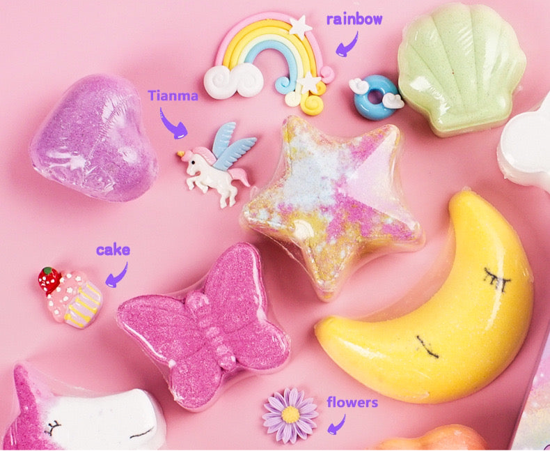 Unicorn & Rainbow Bath Bombs Gift Set of 9 Colorful Shapes
