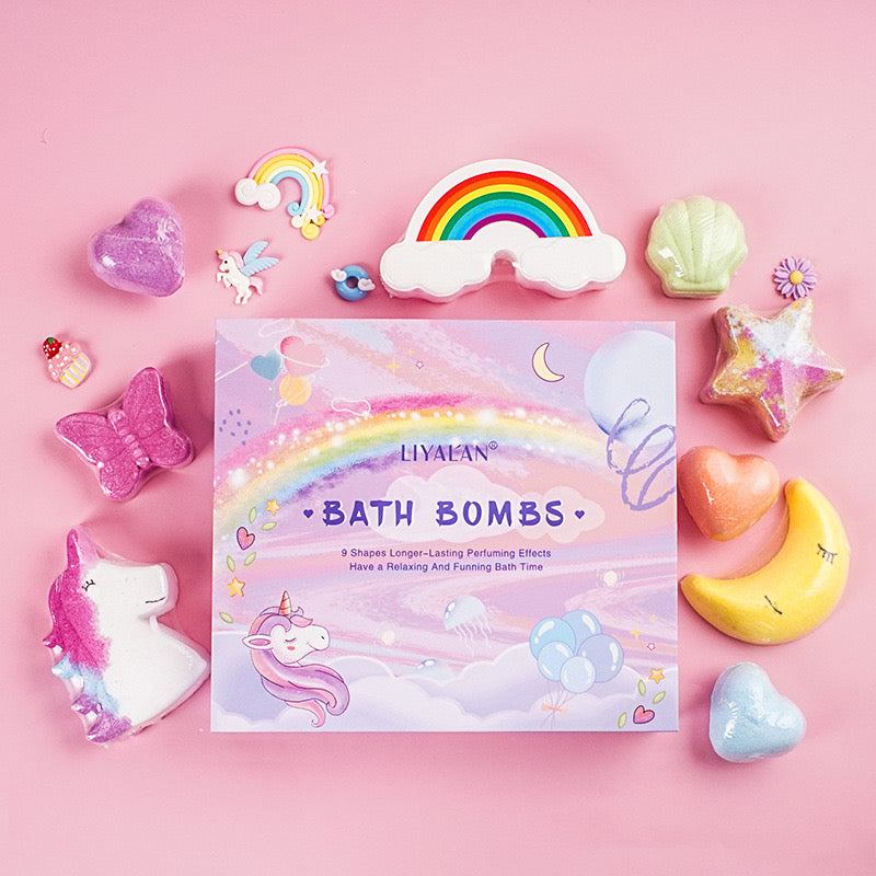 Unicorn & Rainbow Bath Bombs Gift Set of 9 Colorful Shapes