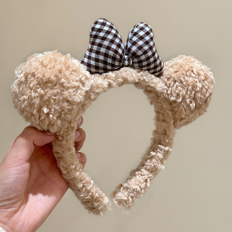 Fluffy Teddy Bear Ears Headband β Cute Pom-Poms with Gingham Bow β Cozy & Soft β Kids & Girls Accessory