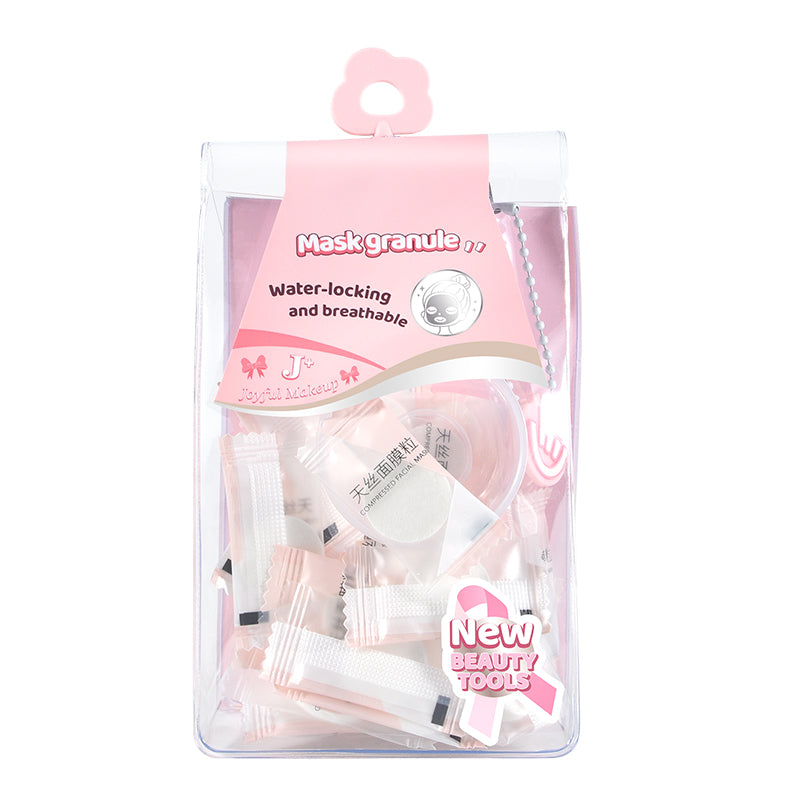 Compressed lyocell facial mask sheets in candy bag packaging showing 35 individual tablets for DIY skincare masks