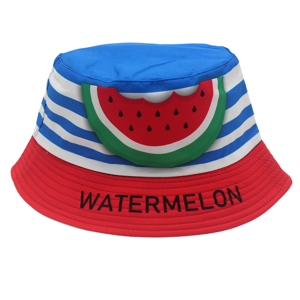 Blue kids bucket hat with white stripes, red brim, and watermelon motif