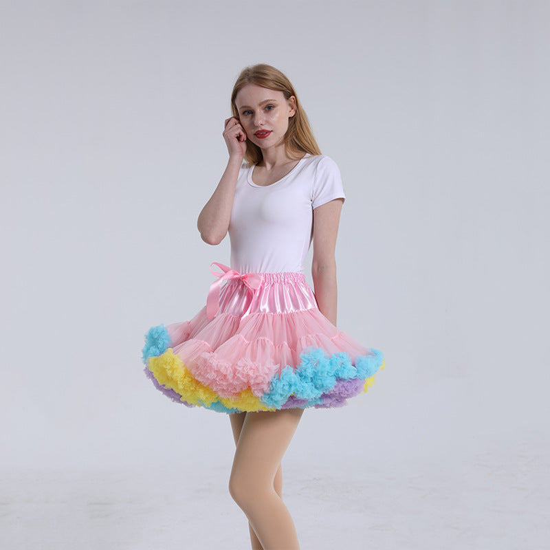 Women tutu skirt Festival Fluffy Layered Tulle Skirt Ladies Dance Party Rainbow Ruffle Trim Elastic Waist Costume Ballet Underskirt Puffy Skater Pink L