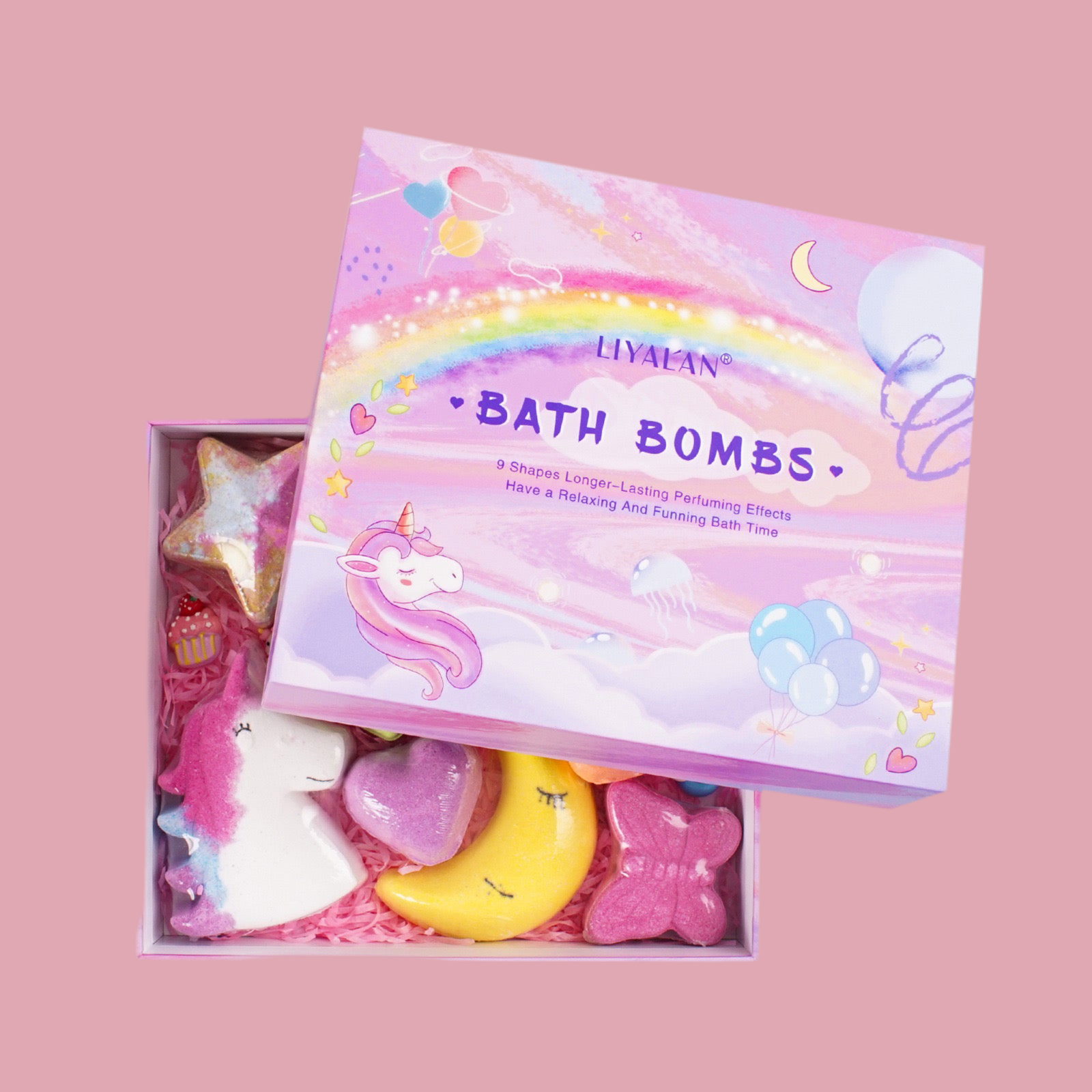 Unicorn & Rainbow Bath Bombs Gift Set of 9 Colorful Shapes