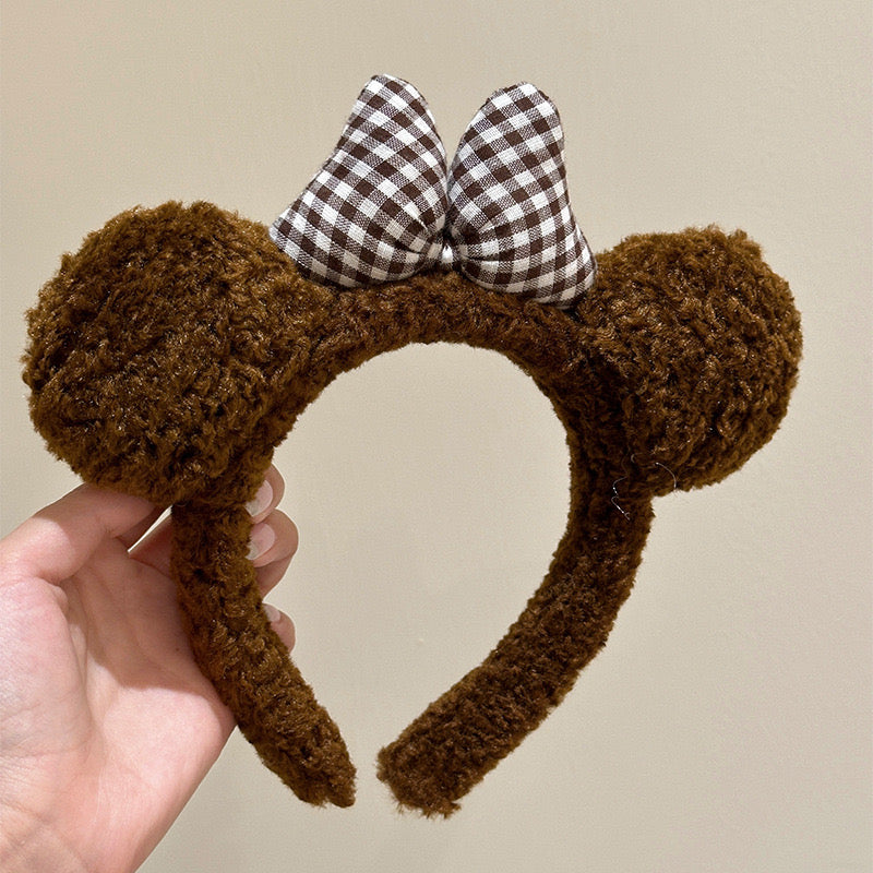 Fluffy Teddy Bear Ears Headband – Cute Pom-Poms with Gingham Bow – Cozy & Soft – Kids & Girls Accessory