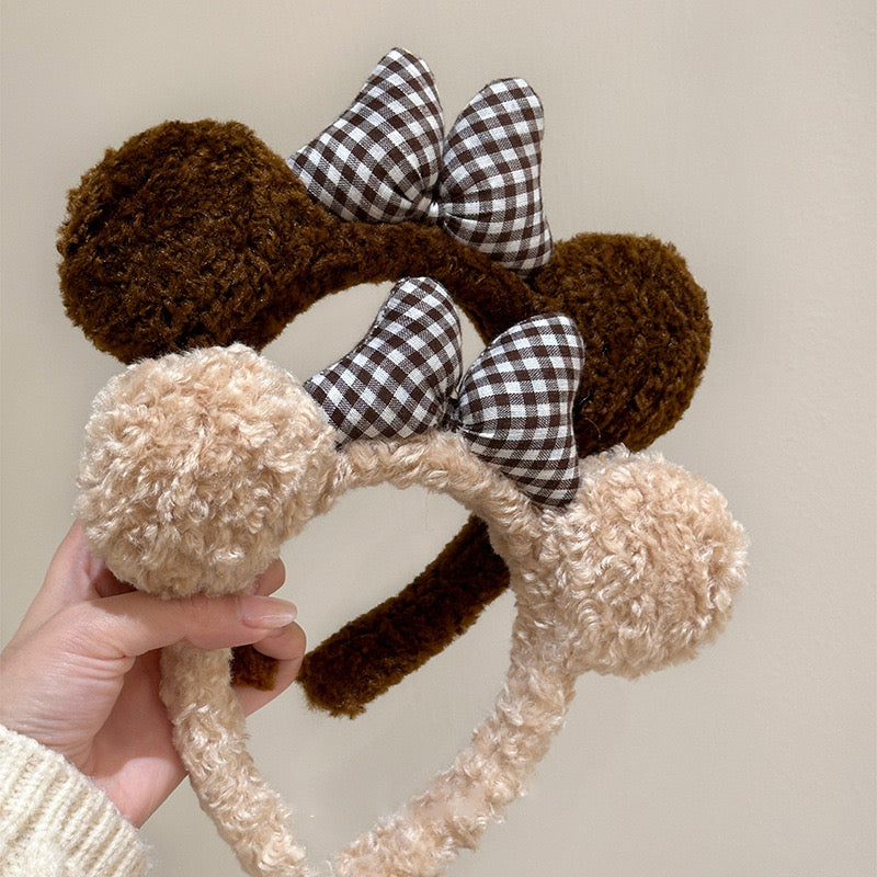 Fluffy Teddy Bear Ears Headband – Cute Pom-Poms with Gingham Bow – Cozy & Soft – Kids & Girls Accessory