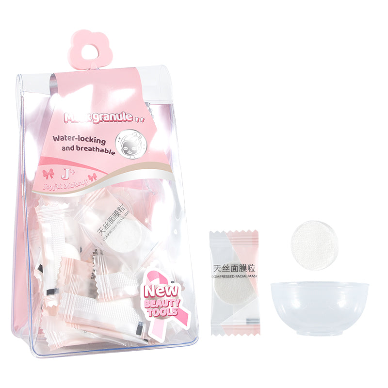 Compressed lyocell facial mask sheets in candy bag packaging showing 35 individual tablets for DIY skincare masks