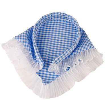 Vintage Gingham Ruffle Bonnet Blue – Cotton Headscarf with Frill