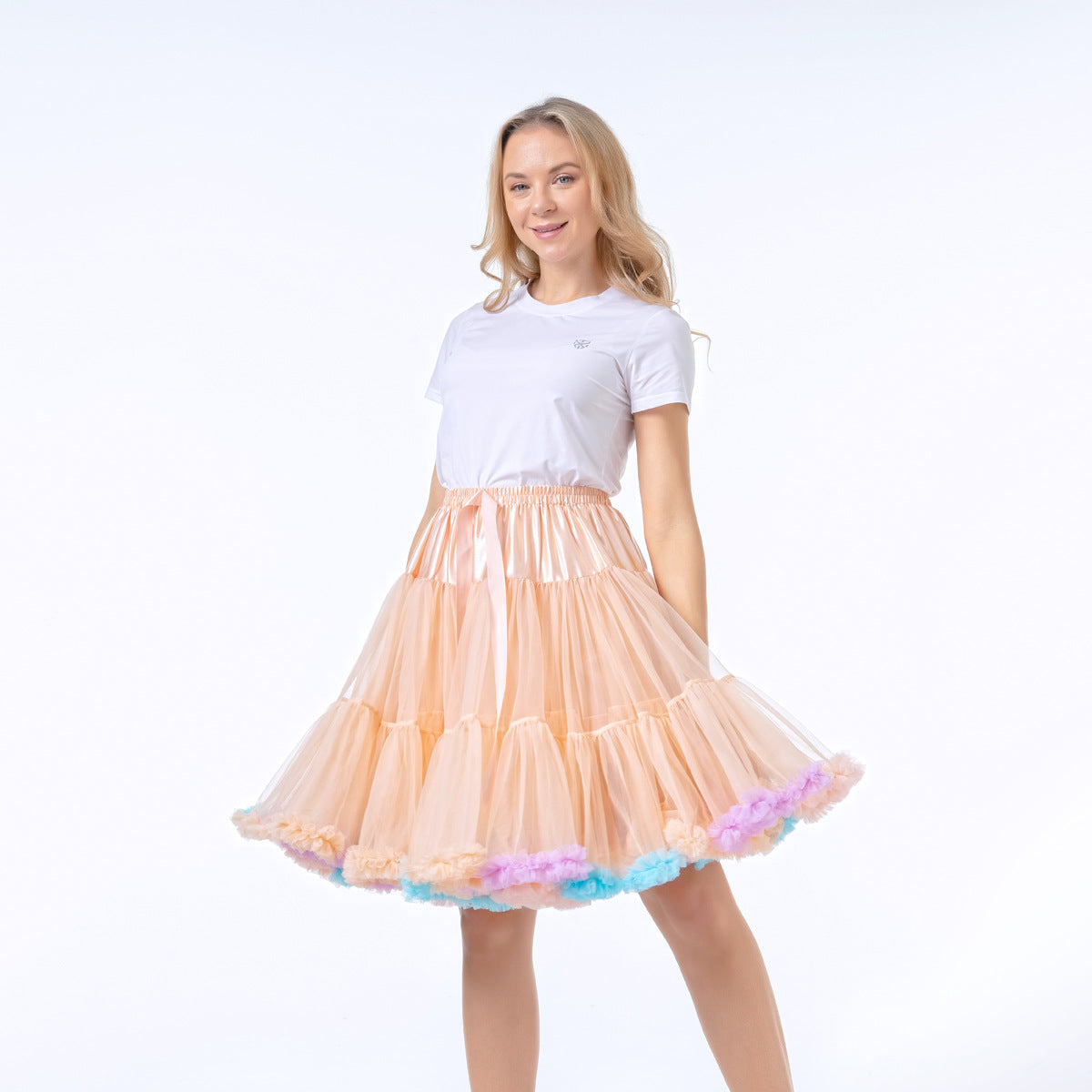 Women tutu skirt Festival Fluffy Layered Tulle Skirt Ladies Dance Party Rainbow Ruffle Trim Elastic Waist Costume Ballet Underskirt Puffy Skater Peach L