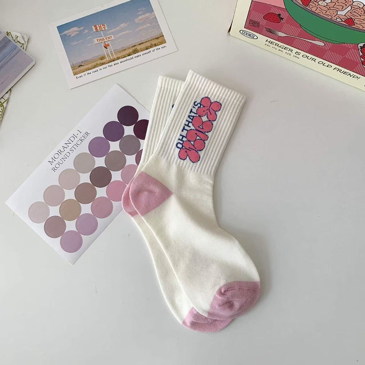 Women’s Flower Crew Socks – Soft Cotton, White with Pink Accents