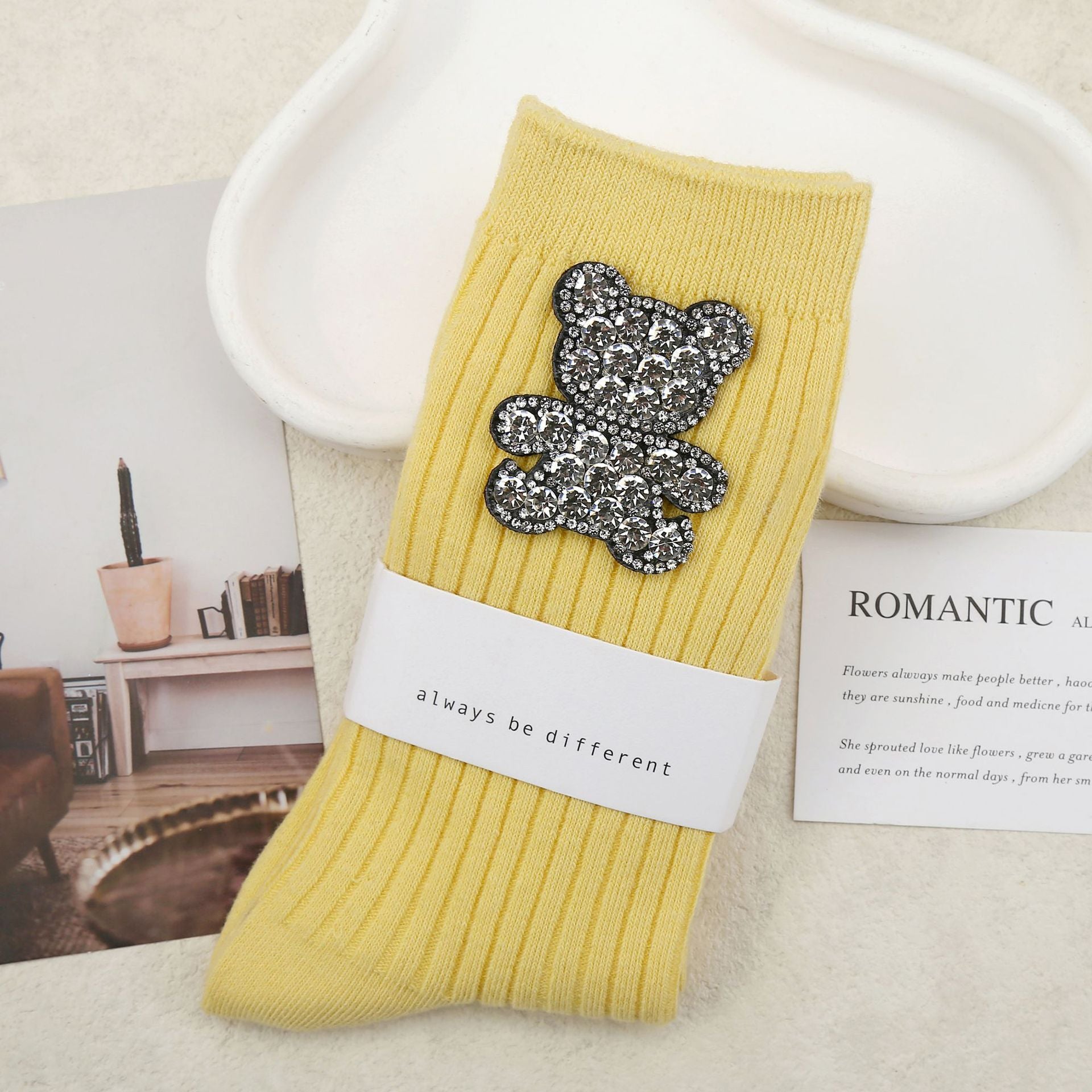 Women’s Rhinestone Bear Crew Socks – Yellow Statement