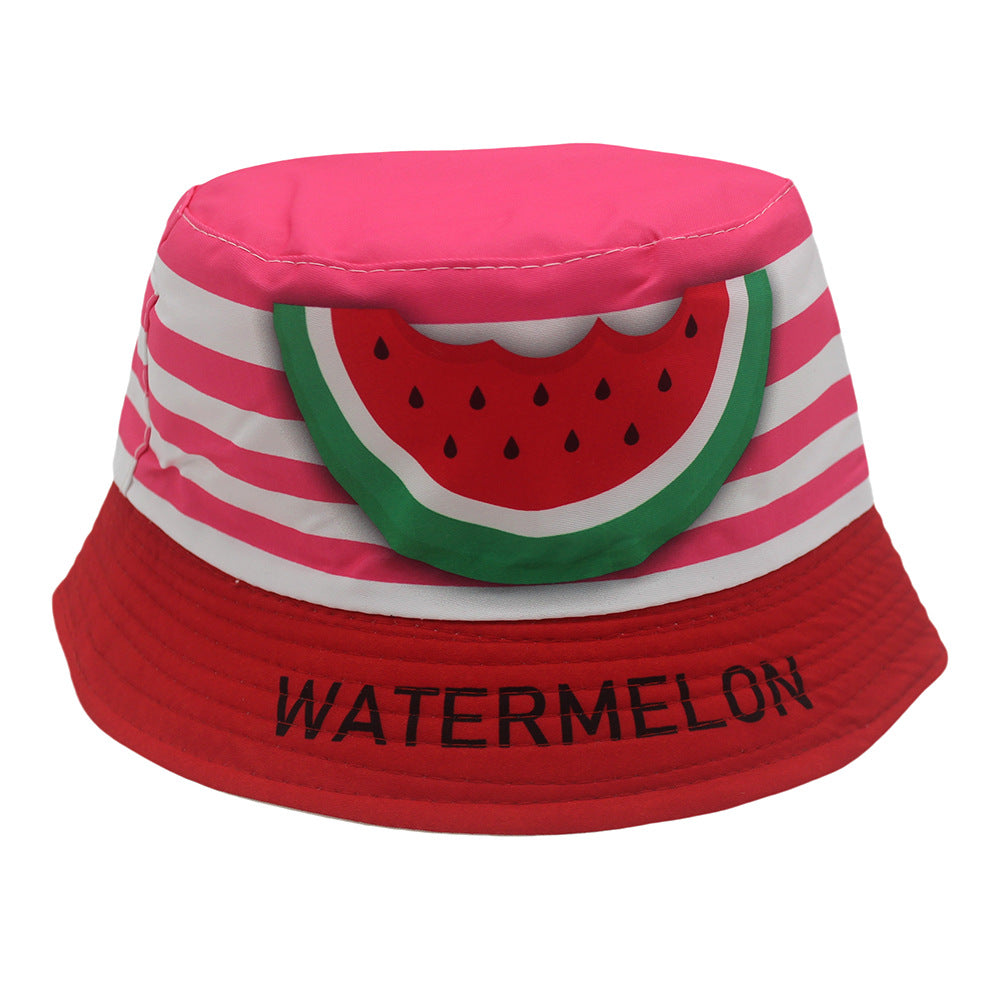 Pink kids bucket hat with white stripes, red brim, and watermelon motif