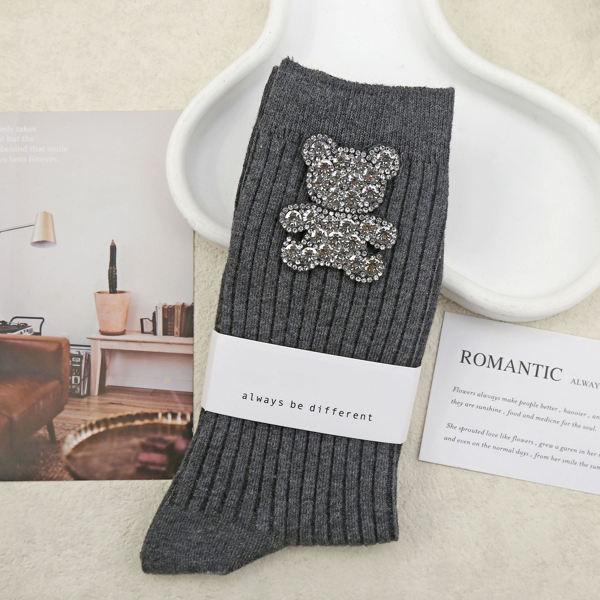 Women’s Crystal Bear Crew Socks – Gray Sparkle