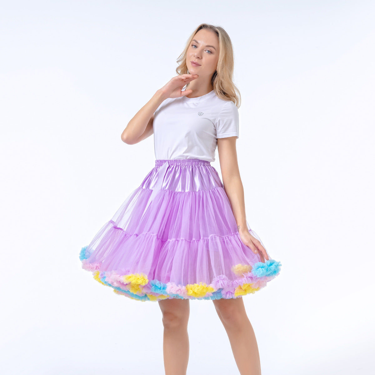 Women tutu skirt Festival Fluffy Layered Tulle Skirt Ladies Dance Party Rainbow Ruffle Trim Elastic Waist Costume Ballet Underskirt Puffy Skater Purple L