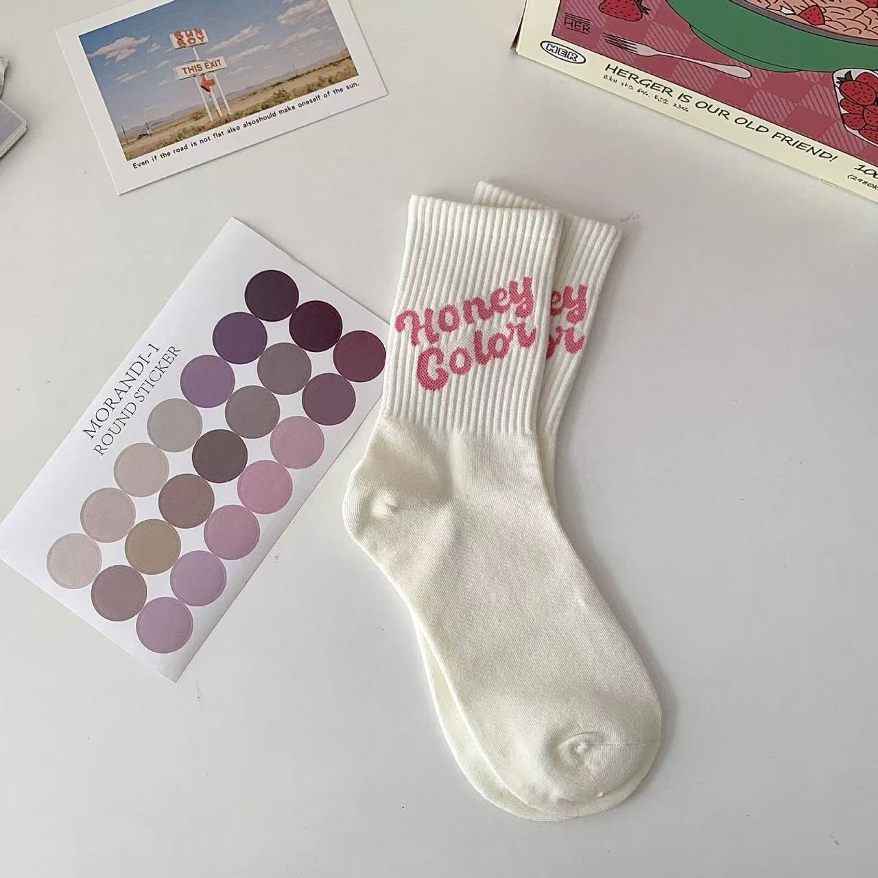 Women’s Honey Color Crew Socks – White with Pink Text