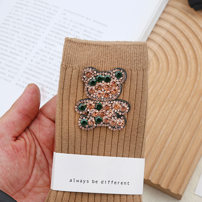 Women’s Crystal Bear Crew Socks – Beige Statement