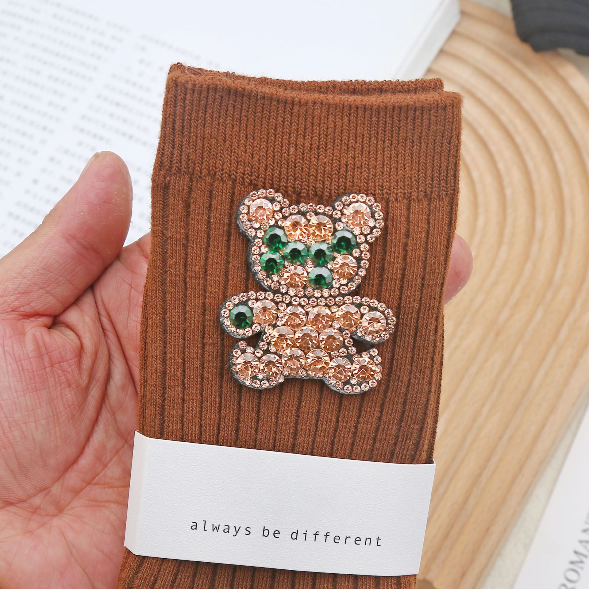Women’s Rhinestone Bear Crew Socks – Brown Embellished