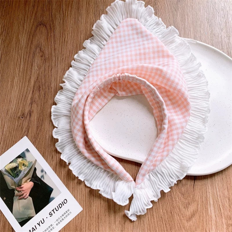 Vintage Gingham Ruffle Bonnet Orange – Cotton Headscarf with Frill
