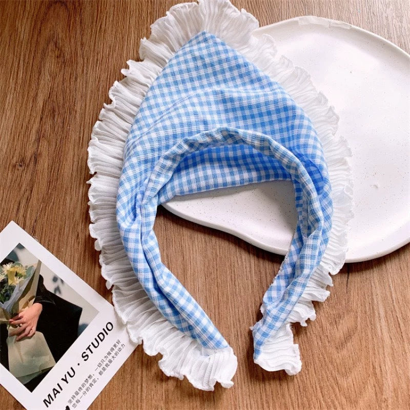 Vintage Gingham Ruffle Bonnet Blue – Cotton Headscarf with Frill