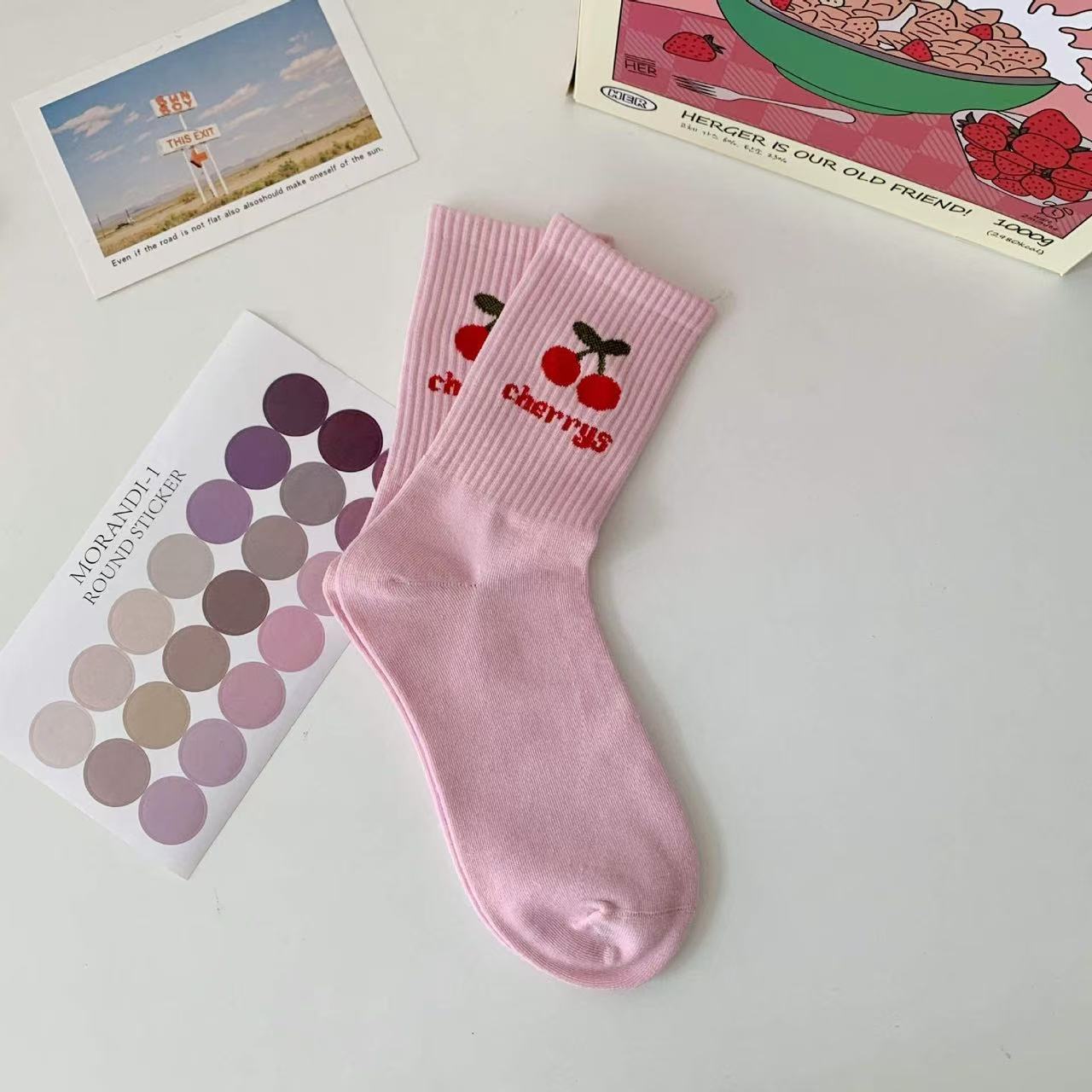 Women's Cherry Embroidery Crew Socks – White Cotton, Red Green Motif