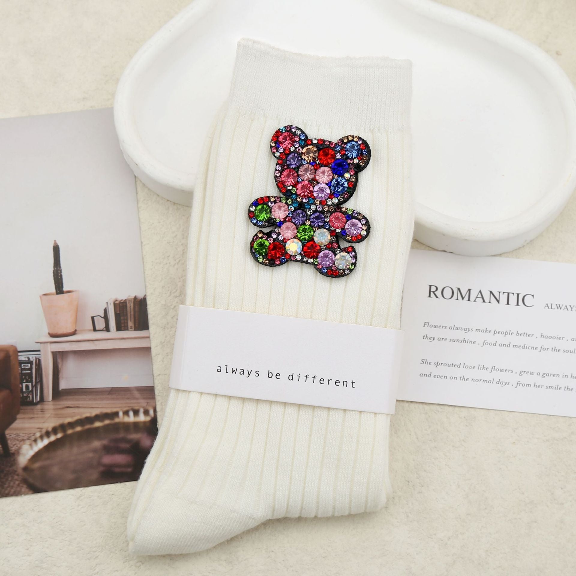 Women’s Crystal Bear Crew Socks – White Embellished