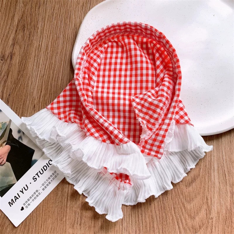 Vintage Gingham Ruffle Bonnet Red – Cotton Headscarf with Frill