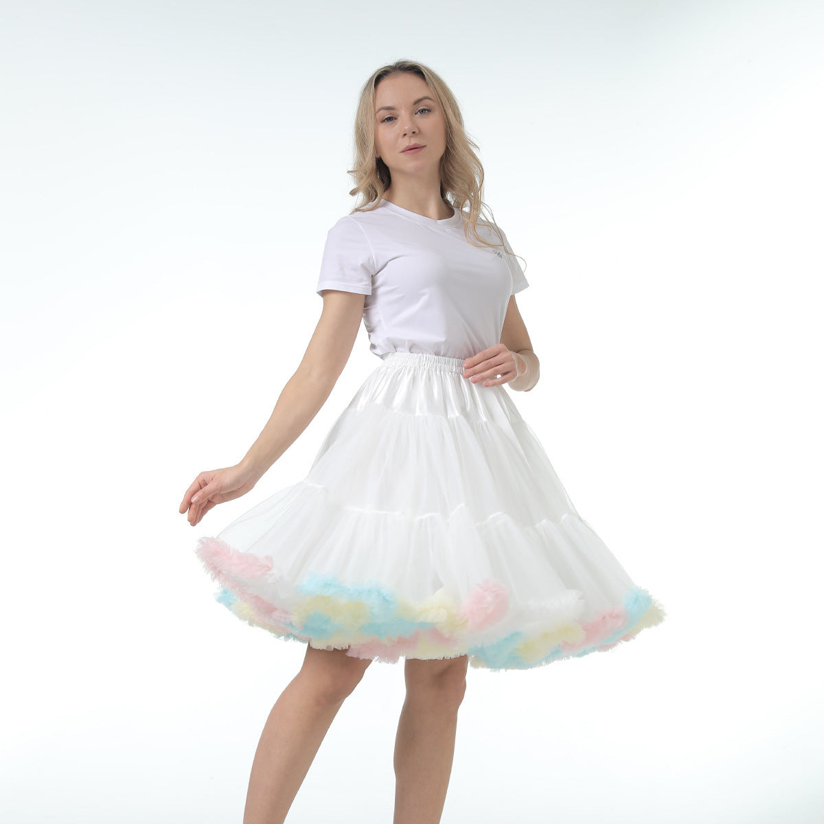 Women tutu skirt Festival Fluffy Layered Tulle Skirt Ladies Dance Party Rainbow Ruffle Trim Elastic Waist Costume Ballet Underskirt Puffy Skater White L
